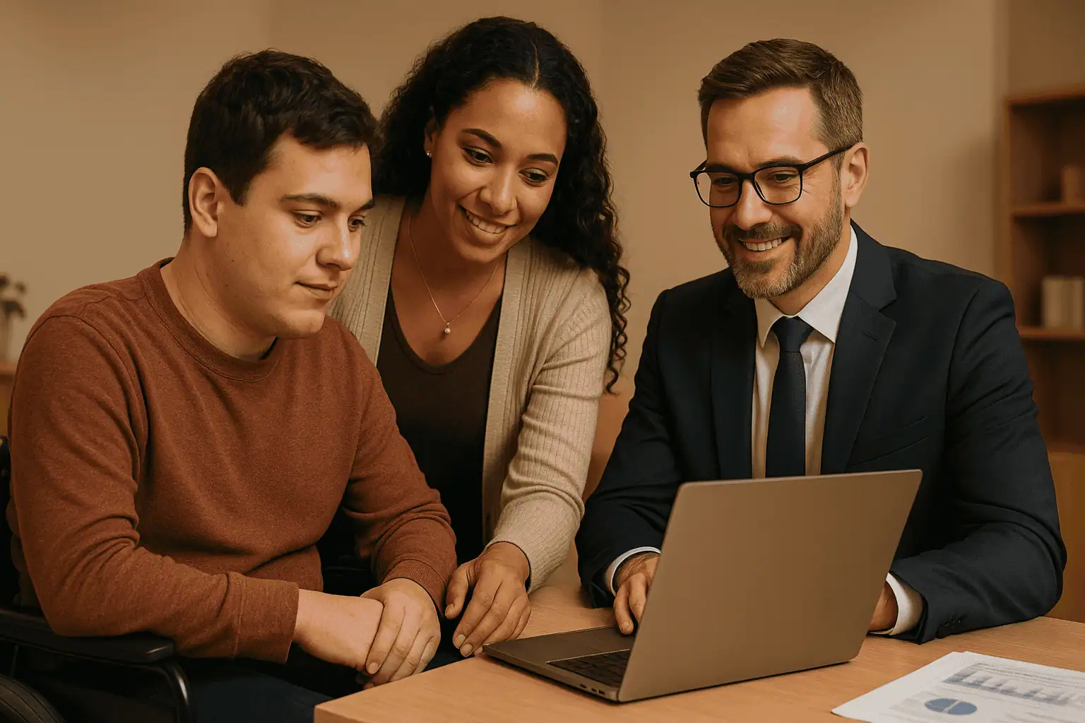 Beratungsgespräch am Laptop, drei Personen und Mann im Rollstuhl