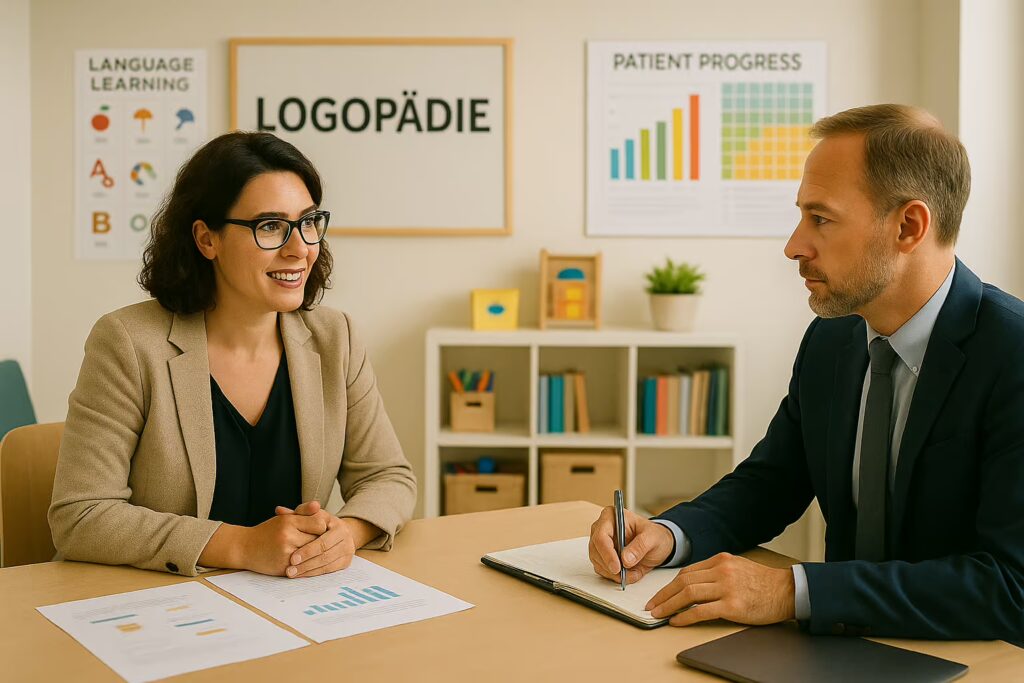 Steuerberater-fuer-Logopaedie sitzt mit Heilberufler
