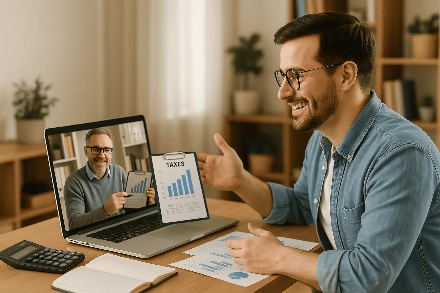 Online-Steuerberatung mit Diagrammen und Laptop.