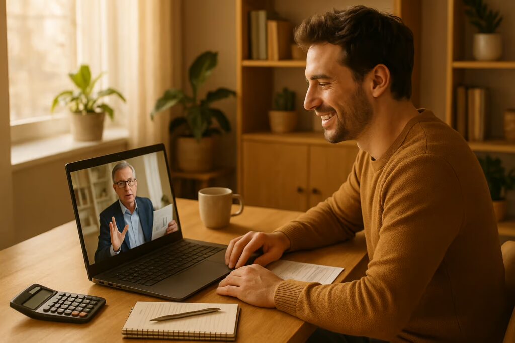 Mann am Laptop mit Steuerberater.