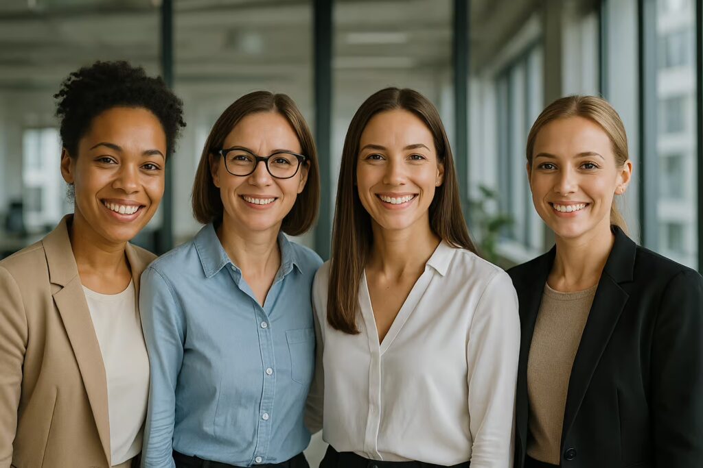Vier Frauen in einem modernen Büro warten auf den steuerberater; steuerberater für frauen