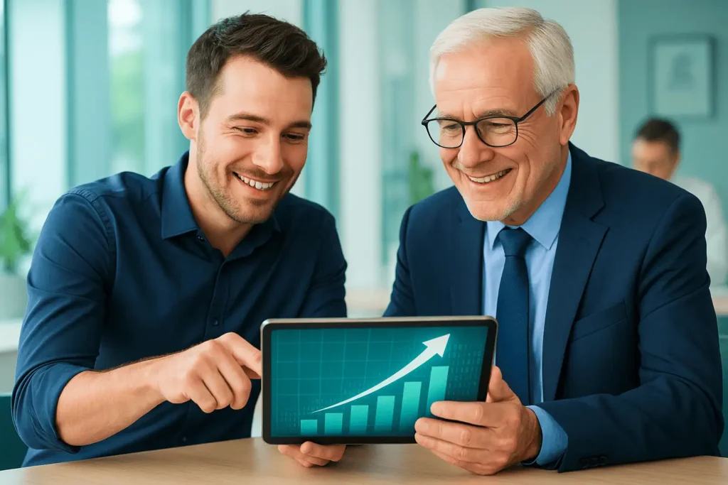 Mann spricht über Steuern und Finanzdaten mit seinem Steuerberater