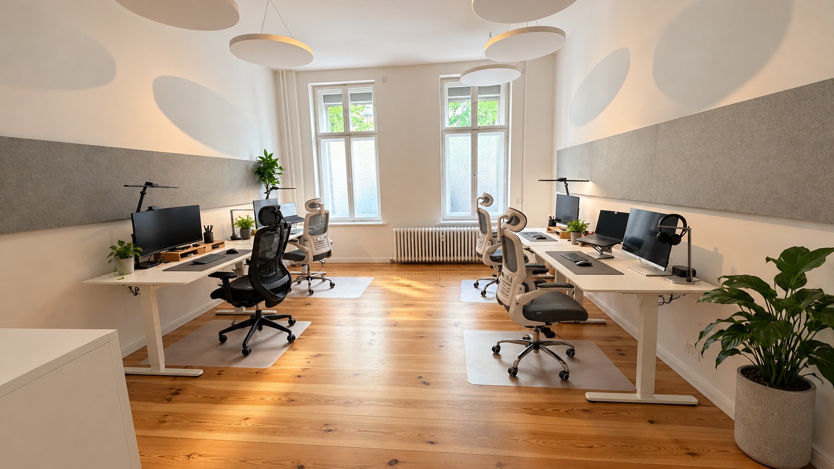 Helles Büro mit Dielenboden, ergonomischen Arbeitsplätzen und großen Fenstern