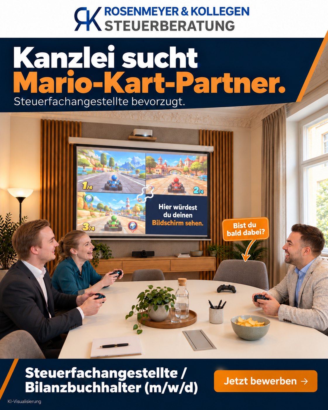 rs-kollegen karriere Kampagnenmotiv: Drei Kolleginnen und Kollegen spielen im Besprechungsraum Mario Kart. KI-Visualisierung